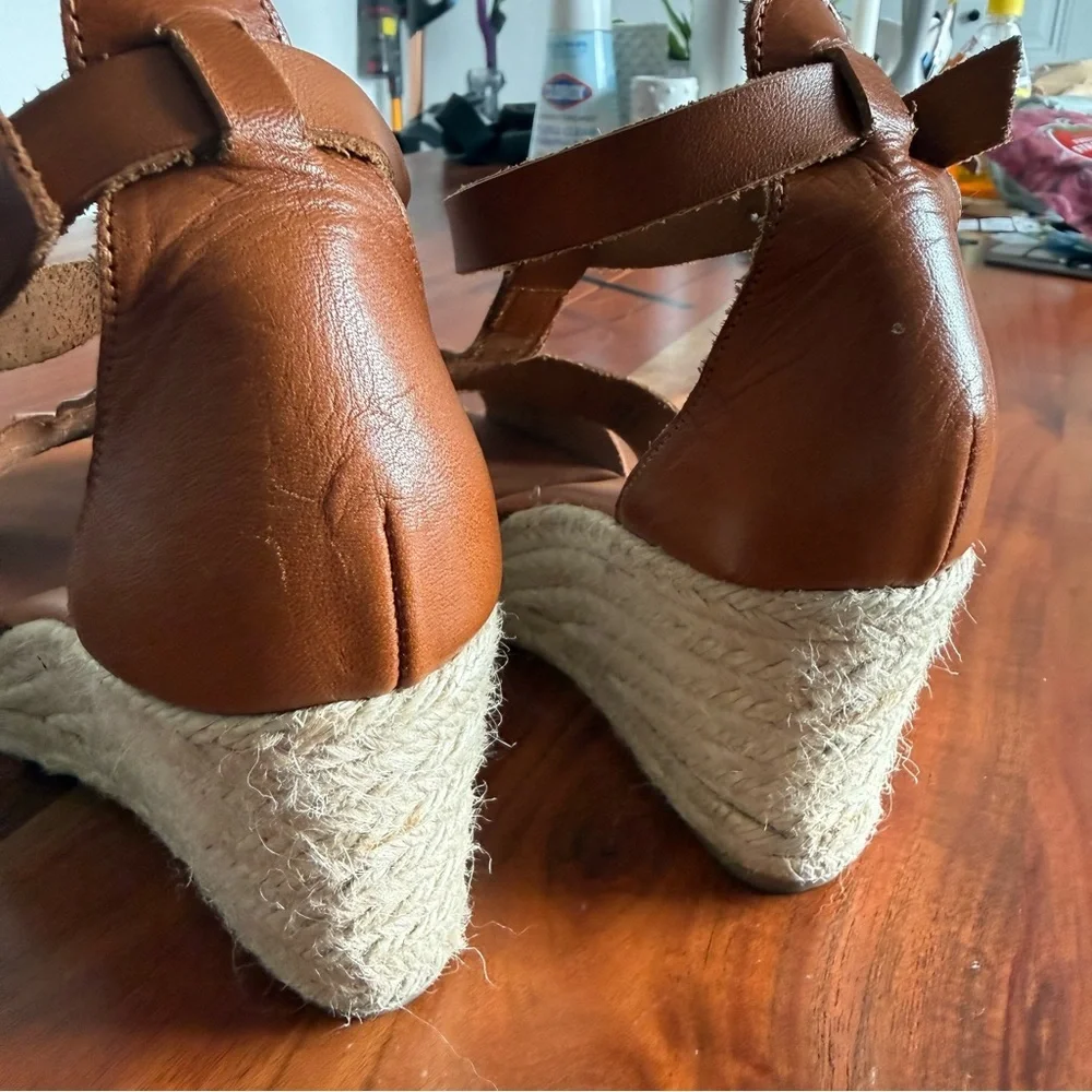 Elegant Brown Leather Espadrille Wedges
